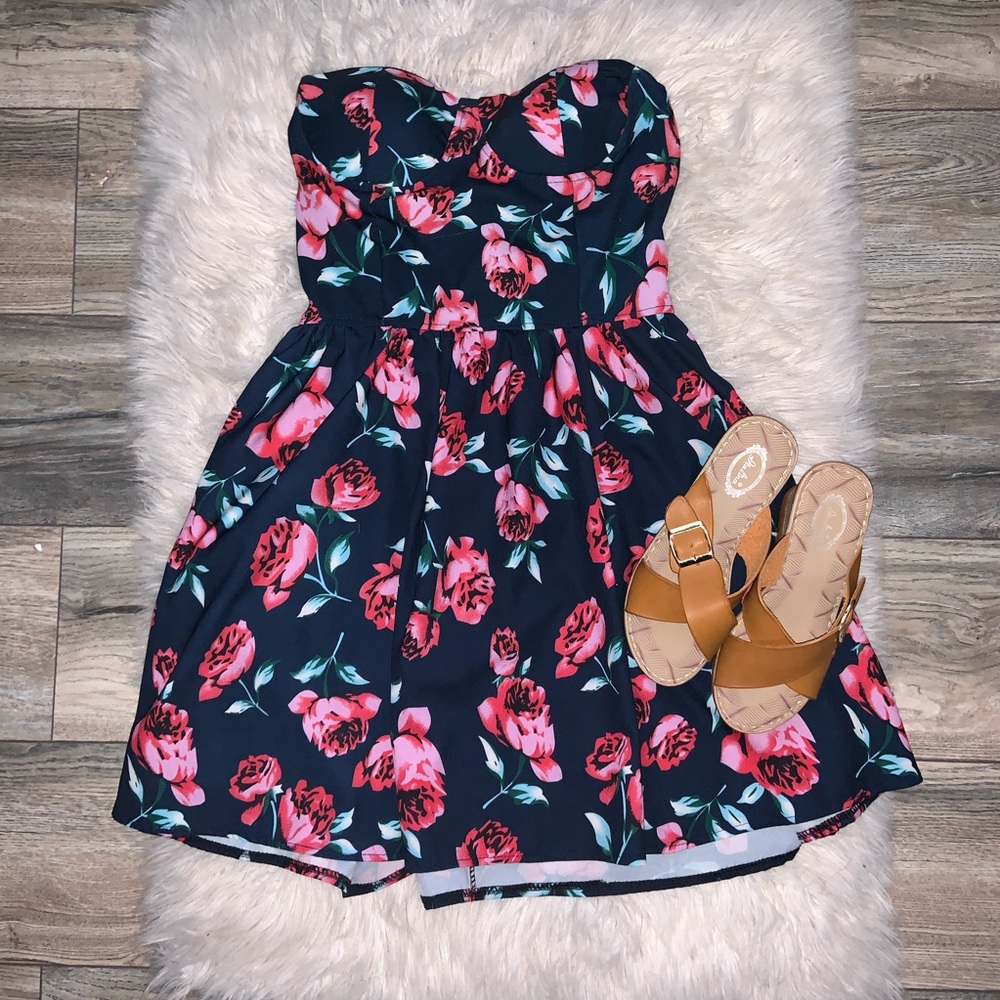 Strapless Navy Blue Floral Dress